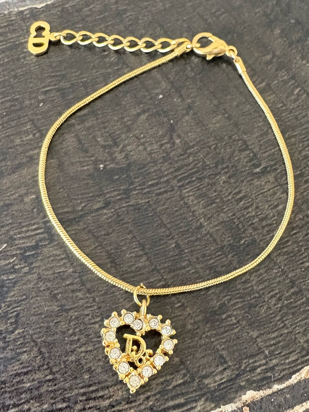 DIOR Gold Tone Crystal Accent Heart (Dior) Logo Adjustable Bracelet - Authentic